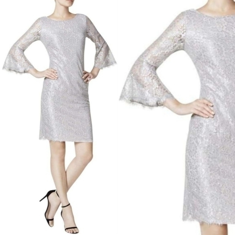 Calvin Klein Women's Silver Lace Dress‎ with 3/4 Sleeves
